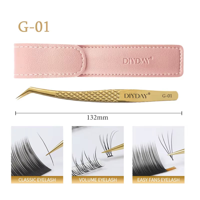 DIYDAY Anti-Slip Eyelash Extension Tweezers Stainless Steel Fiber Tip Lashes Precision Tweezer for Makeup Tools