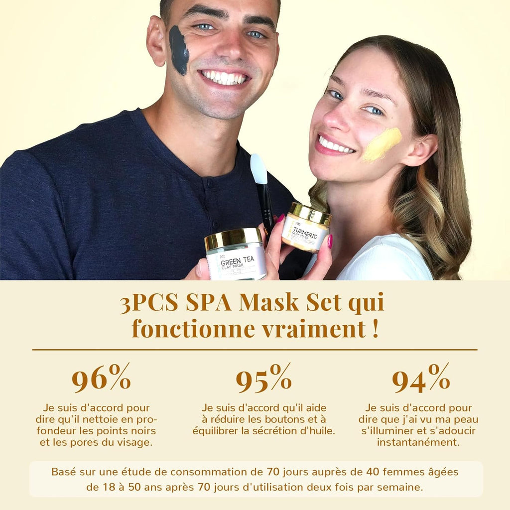 Coffret Noel Femme Masque Visage Argile, Masque Visage Au Curcuma + Masque D'Argile Détox Au Thé Vert + Masque De Boue Aux Minéraux De La Mer Morte, 210G