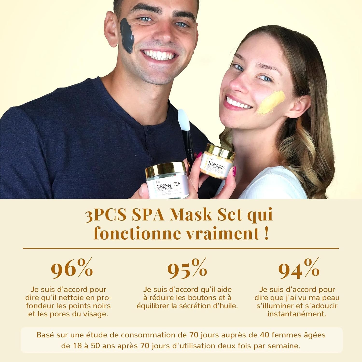 Coffret Noel Femme Masque Visage Argile, Masque Visage Au Curcuma + Masque D'Argile Détox Au Thé Vert + Masque De Boue Aux Minéraux De La Mer Morte, 210G