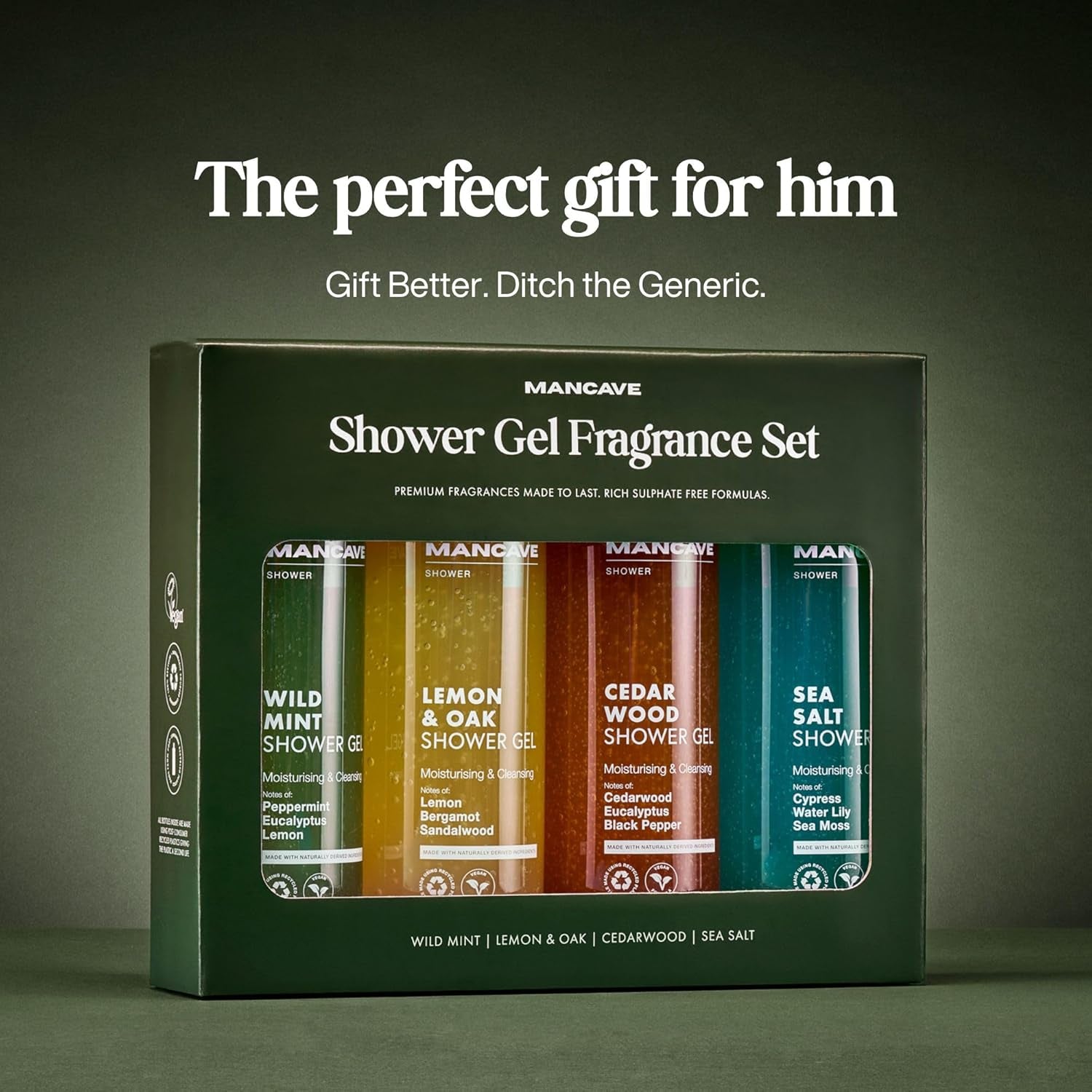 Coffret Cadeau Hommes - Lot Gel Douche, Idée Cadeau Hommes Gels Douche Naturels Sans Sulfate 4 X 500 Ml - Menthe, Citron Et Chêne, Bois De Cèdre Et Sel De Mer, Vegan, Fabriqué En Angleterre