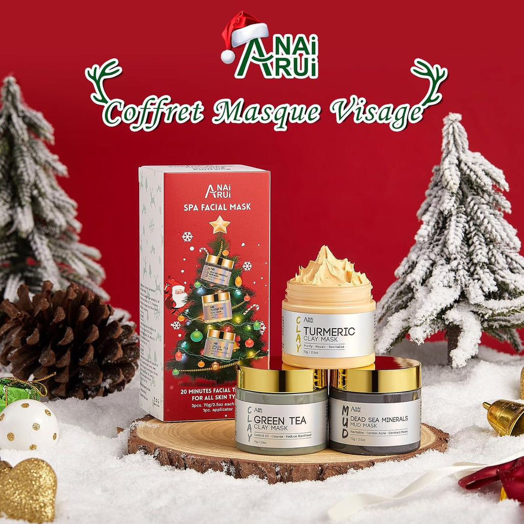 Coffret Noel Femme Masque Visage Argile, Masque Visage Au Curcuma + Masque D'Argile Détox Au Thé Vert + Masque De Boue Aux Minéraux De La Mer Morte, 210G