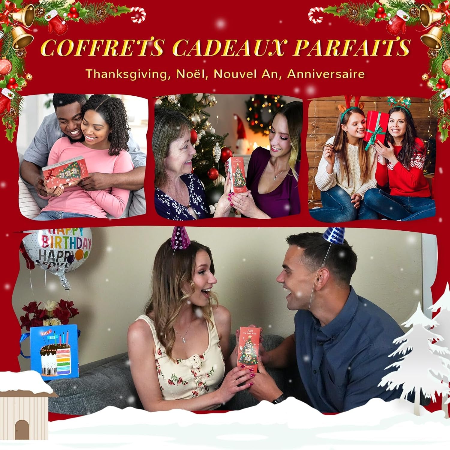 Coffret Noel Femme Masque Visage Argile, Masque Visage Au Curcuma + Masque D'Argile Détox Au Thé Vert + Masque De Boue Aux Minéraux De La Mer Morte, 210G