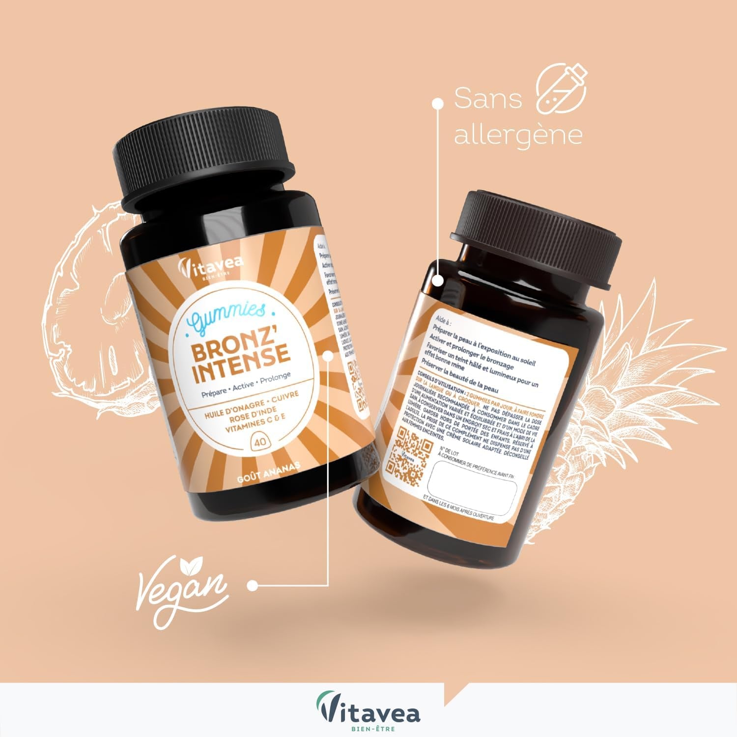 Vitavea - Gummies Solaire Bronz'Intense - Complément Alimentaire Bronzage - Prépare, Active, Prolonge - Teint Hâlé, Effet Bonne Mine - Onagre, Cuivre, Rose D'Inde, Vitamines C & E - 40 Gummies - Vegan