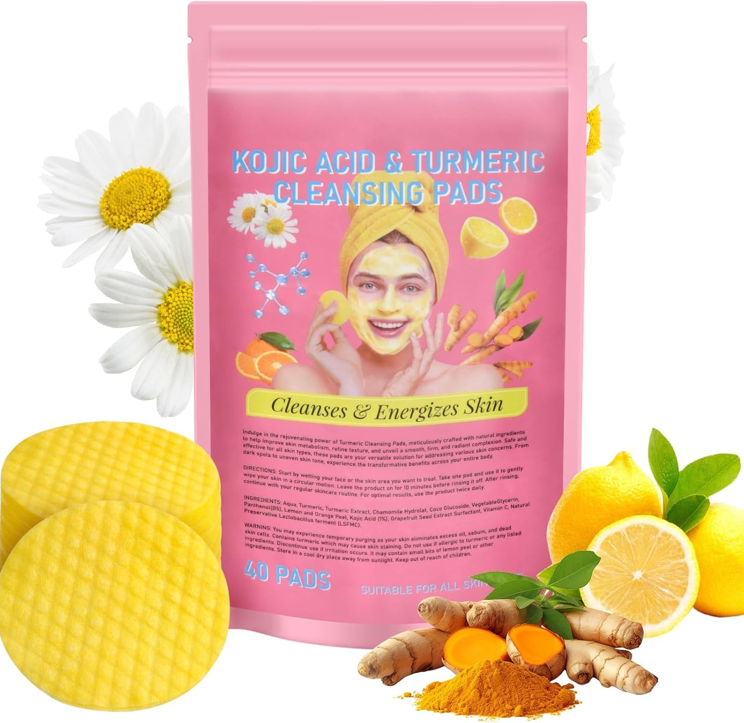 Tampons Nettoyants Au Curcuma À L'Acide Kojique, 40Pcs Coussin En Mousse Exfoliante Au Curcuma Pour Visage Et Le Corps, Nettoyage Et L'Exfoliation Éclatant Peau Rejuvenates, Unifie Le Teint