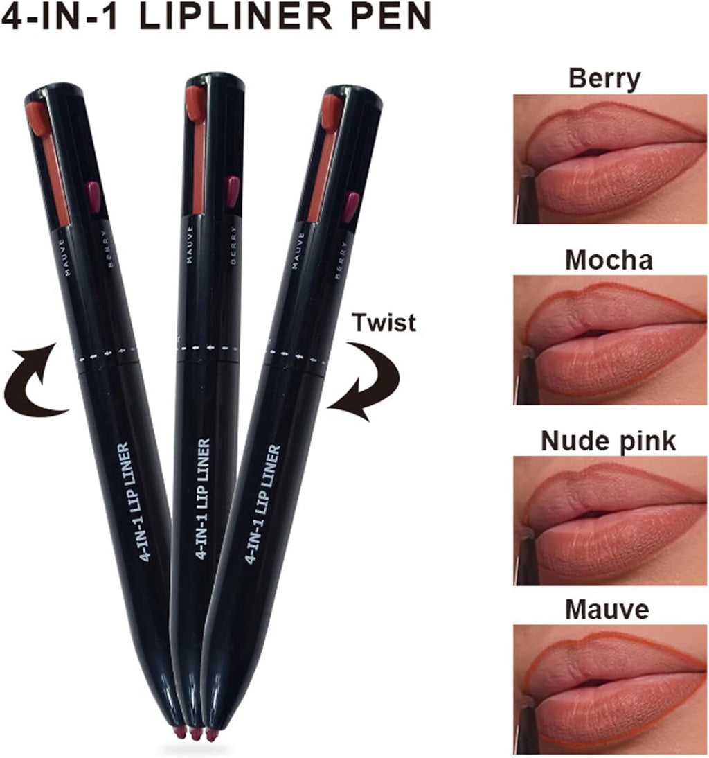 Crayon À Lèvres Imperméable, 4 in 1 Makeup Pen, Crayon Maquillage 4 En 1, Lip Liner Makeup Pen Crayon À Lèvres Pressé Pour Une Ligne Lèvres Claire, Pour Créer Un Maquillage Long-Lasting