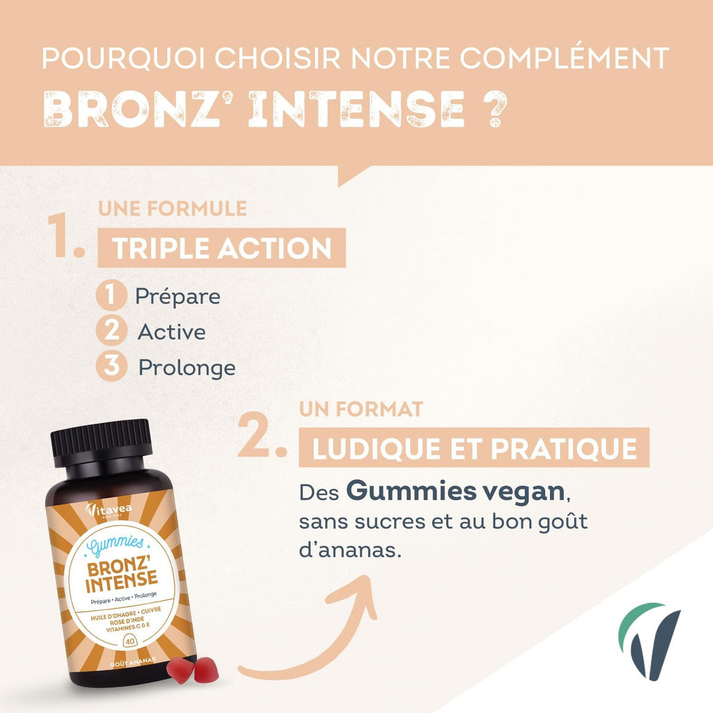 Vitavea - Gummies Solaire Bronz'Intense - Complément Alimentaire Bronzage - Prépare, Active, Prolonge - Teint Hâlé, Effet Bonne Mine - Onagre, Cuivre, Rose D'Inde, Vitamines C & E - 40 Gummies - Vegan