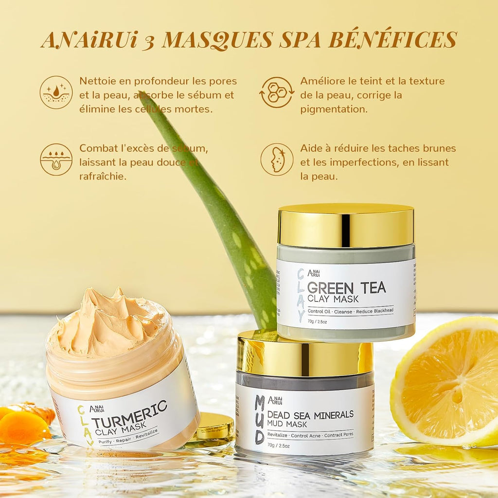 Coffret Noel Femme Masque Visage Argile, Masque Visage Au Curcuma + Masque D'Argile Détox Au Thé Vert + Masque De Boue Aux Minéraux De La Mer Morte, 210G