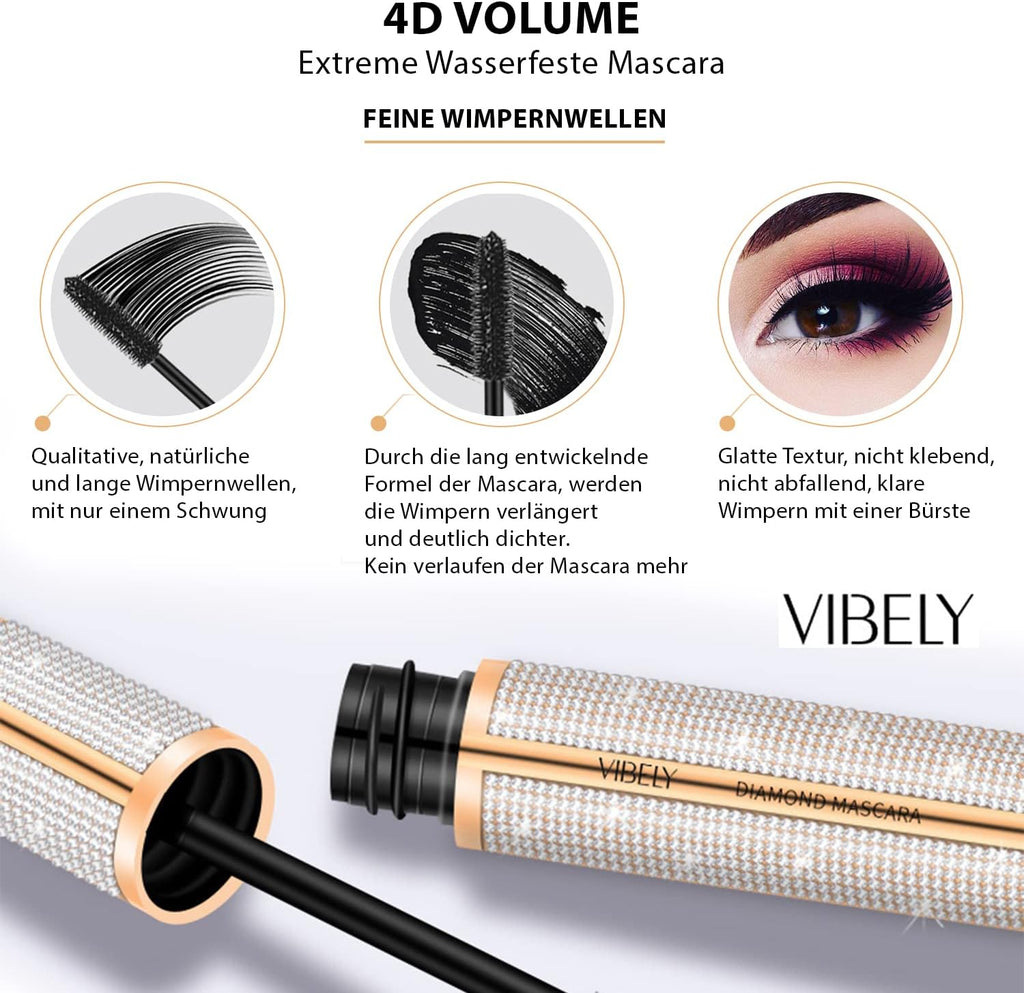 Mascara Volume 4D Résistant À L'Eau | Diamond Mascara Pour Cils plus Longs Et plus Volumineux | Maquillage Des Yeux Pour Cils Naturels | Noir Carbone