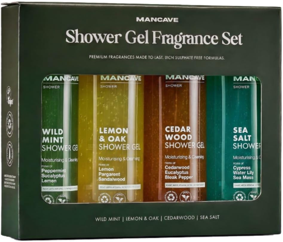 Coffret Cadeau Hommes - Lot Gel Douche, Idée Cadeau Hommes Gels Douche Naturels Sans Sulfate 4 X 500 Ml - Menthe, Citron Et Chêne, Bois De Cèdre Et Sel De Mer, Vegan, Fabriqué En Angleterre