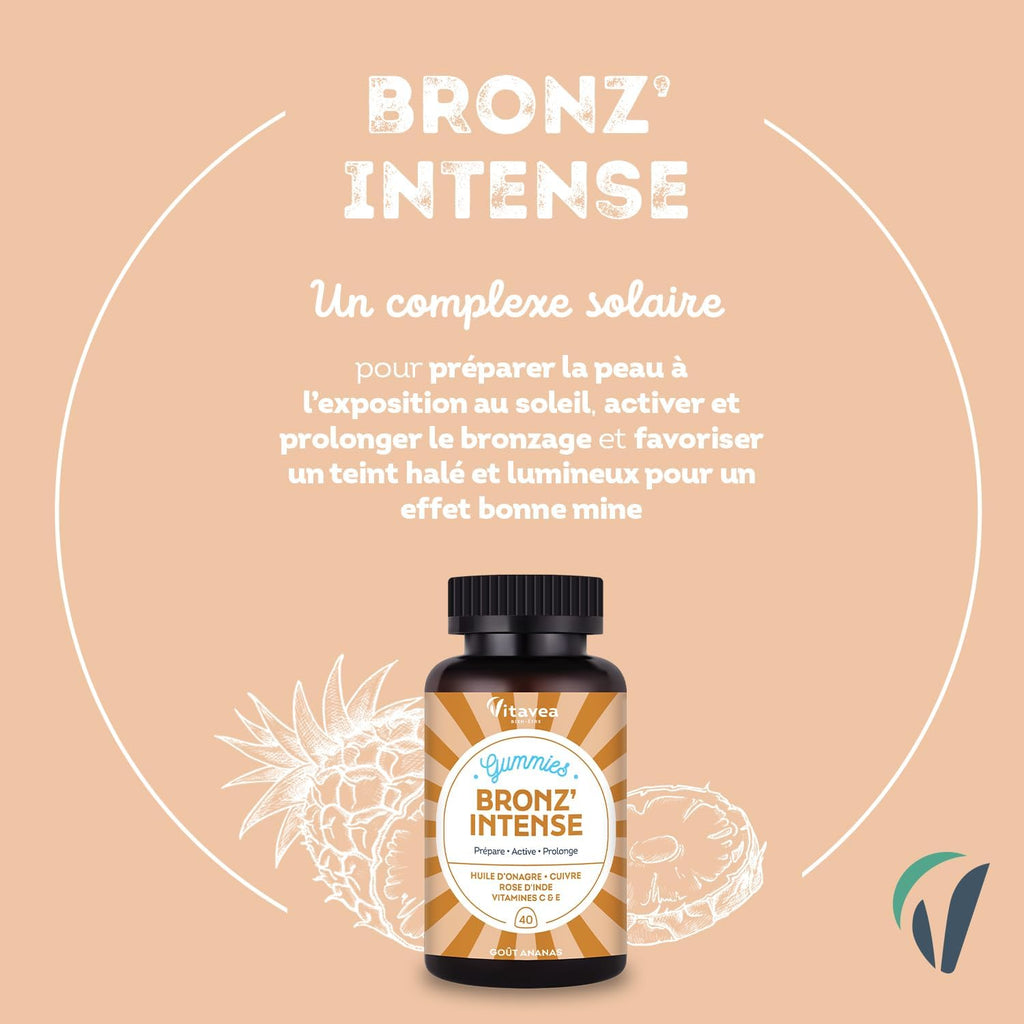 Vitavea - Gummies Solaire Bronz'Intense - Complément Alimentaire Bronzage - Prépare, Active, Prolonge - Teint Hâlé, Effet Bonne Mine - Onagre, Cuivre, Rose D'Inde, Vitamines C & E - 40 Gummies - Vegan