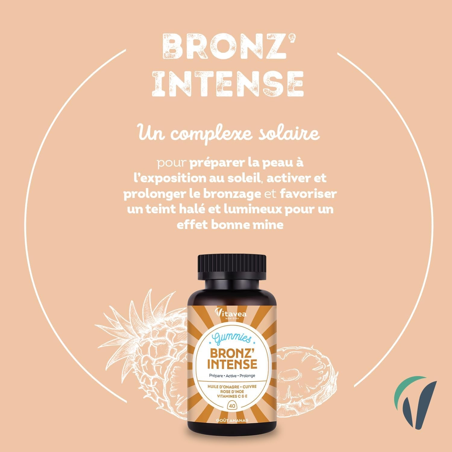 Vitavea - Gummies Solaire Bronz'Intense - Complément Alimentaire Bronzage - Prépare, Active, Prolonge - Teint Hâlé, Effet Bonne Mine - Onagre, Cuivre, Rose D'Inde, Vitamines C & E - 40 Gummies - Vegan