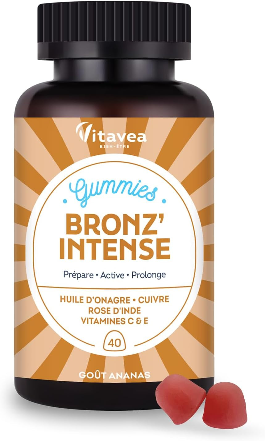 Vitavea - Gummies Solaire Bronz'Intense - Complément Alimentaire Bronzage - Prépare, Active, Prolonge - Teint Hâlé, Effet Bonne Mine - Onagre, Cuivre, Rose D'Inde, Vitamines C & E - 40 Gummies - Vegan