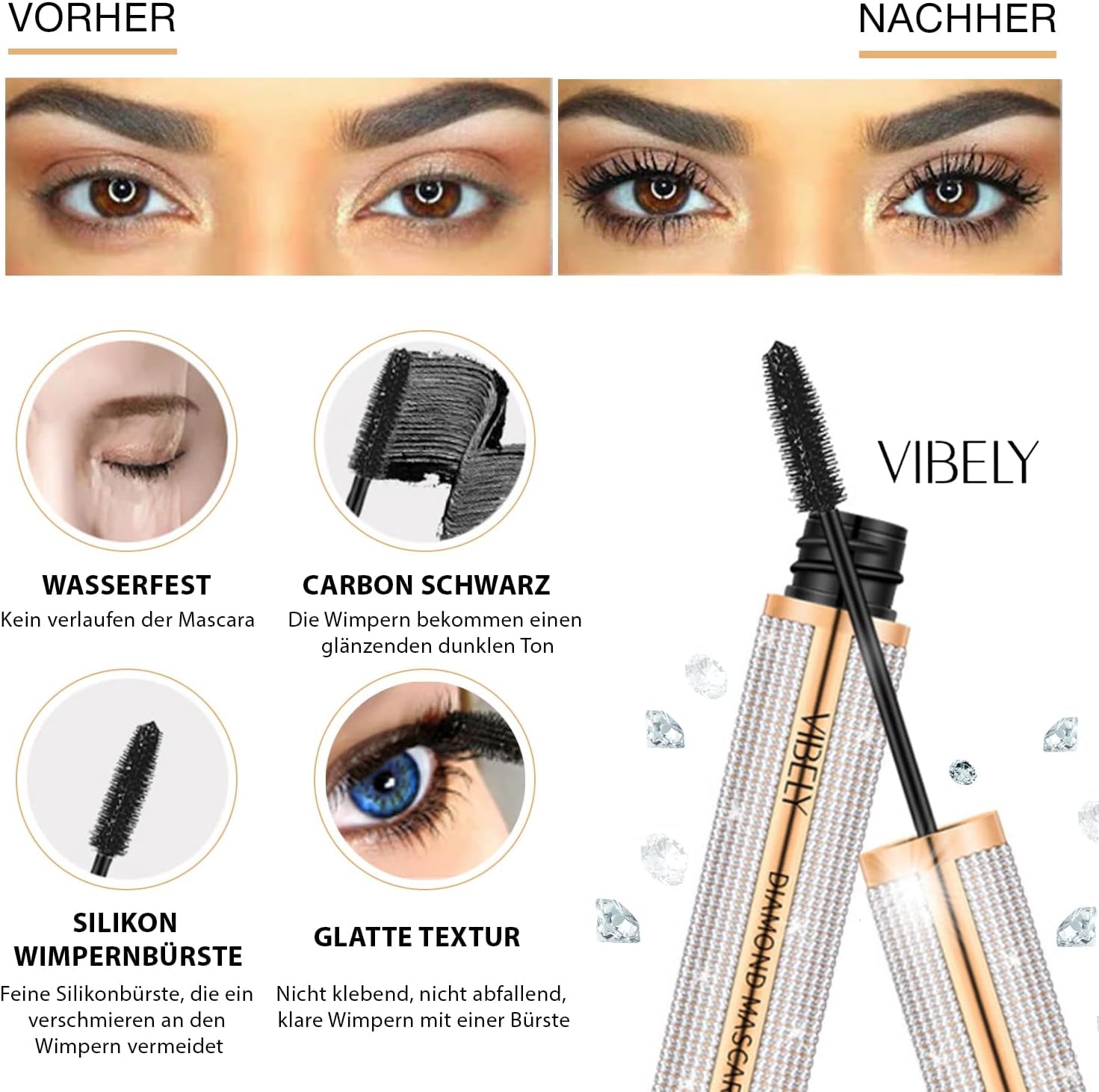 Mascara Volume 4D Résistant À L'Eau | Diamond Mascara Pour Cils plus Longs Et plus Volumineux | Maquillage Des Yeux Pour Cils Naturels | Noir Carbone