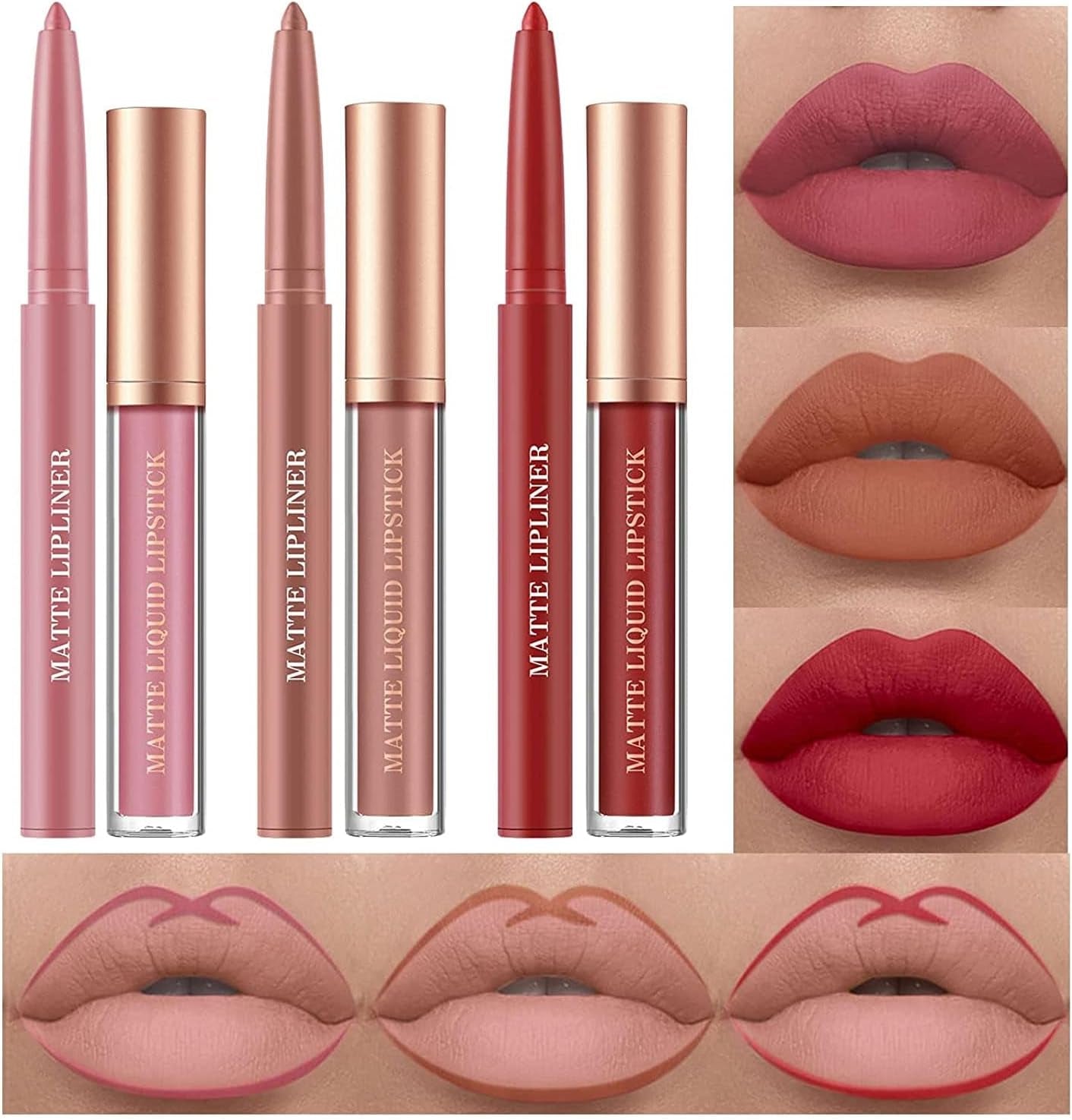 Ensemble De Rouge À Lèvres Mat Et De Crayon À Lèvres 6 Pièces, Rouge À Lèvres Nu Velouté, Rouge À Lèvres Liquide Imperméable, Brillant À Lèvres Lip Liner, Coffret Cadeau De Maquillage (# F, 1)