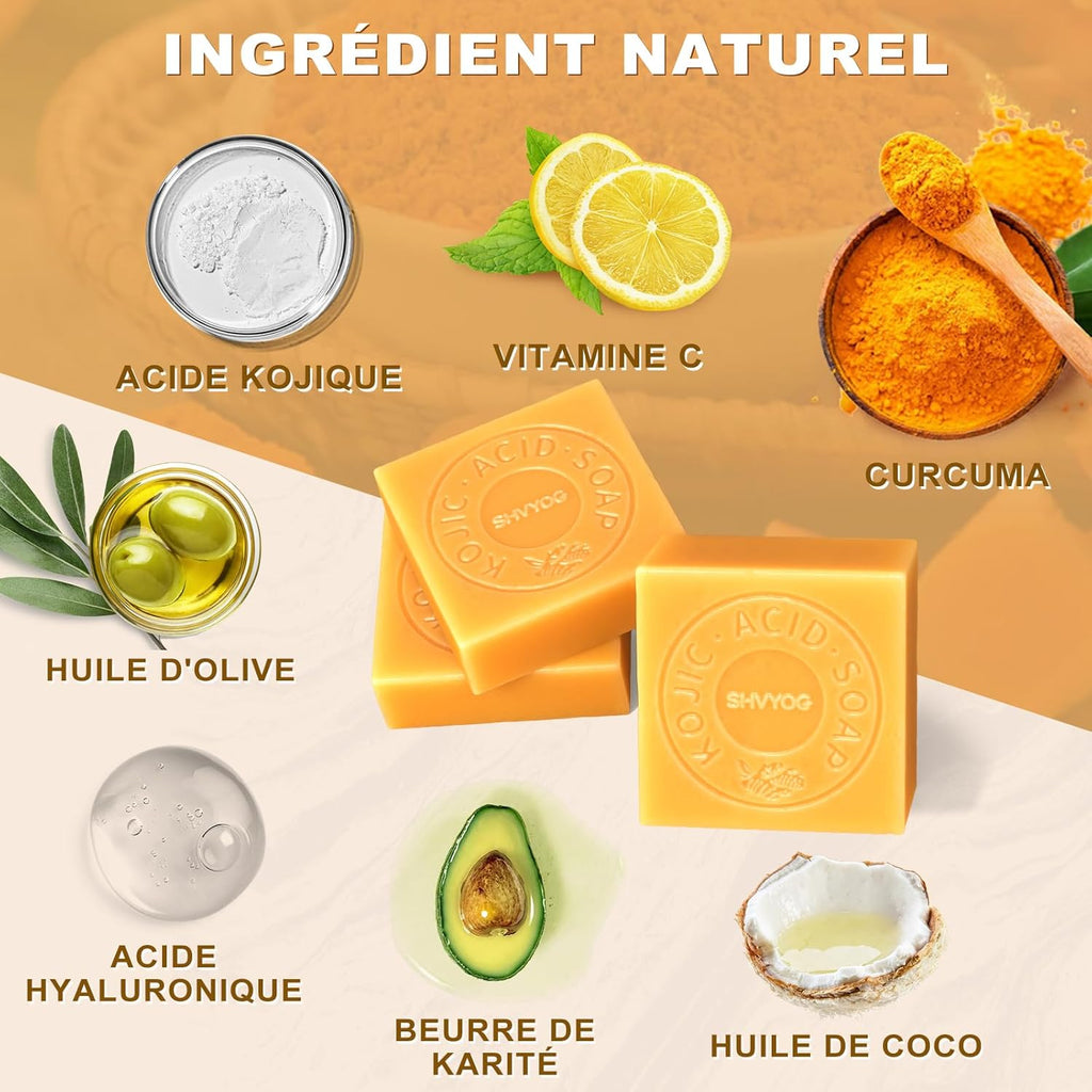 Savon À L'Acide Kojique, Savon Au Curcuma, VC Savonnette Pour Eliminer Points Noirs, Acné Et Taches Foncées, Doux Pour L'Hydratation Du Visage Et Corps, Rétrécissement Des Pores, 3X80G