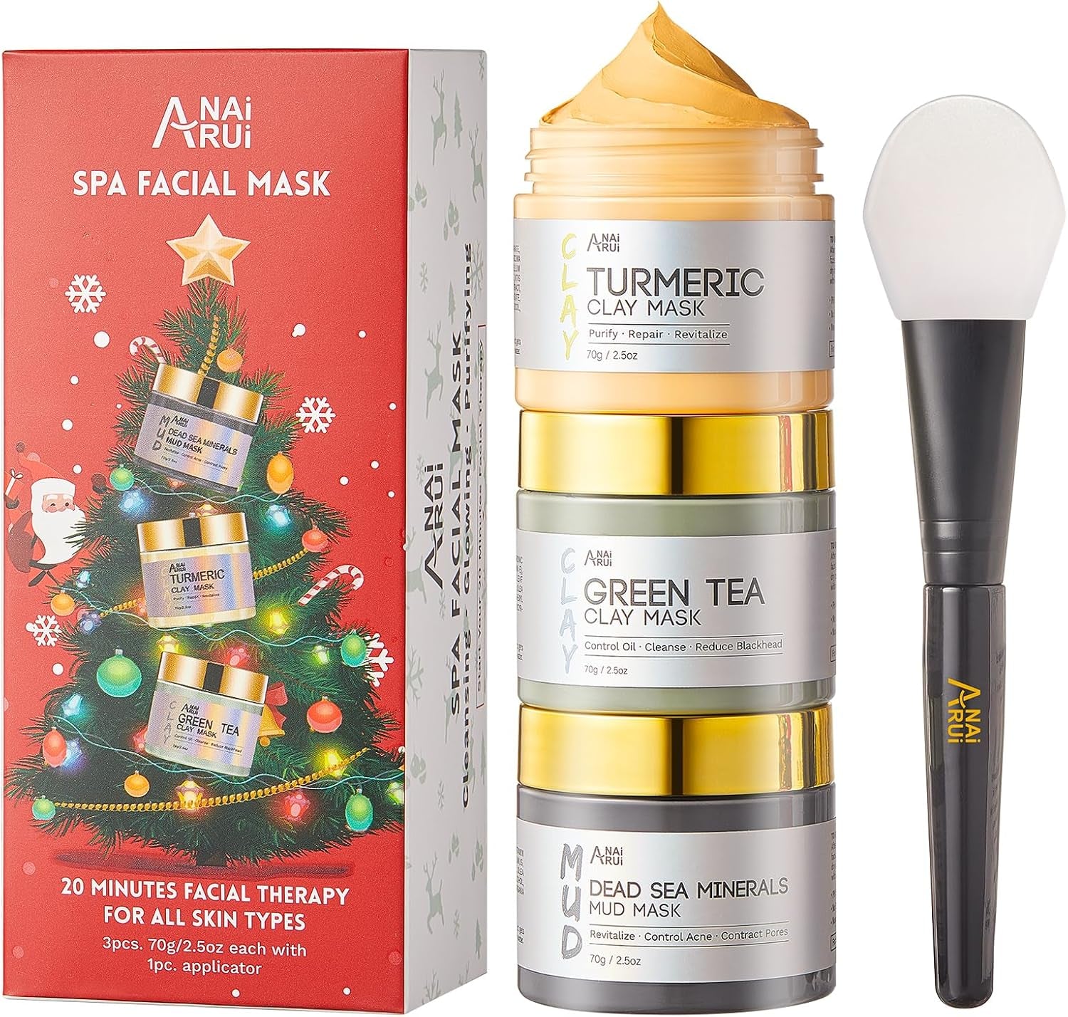 Coffret Noel Femme Masque Visage Argile, Masque Visage Au Curcuma + Masque D'Argile Détox Au Thé Vert + Masque De Boue Aux Minéraux De La Mer Morte, 210G