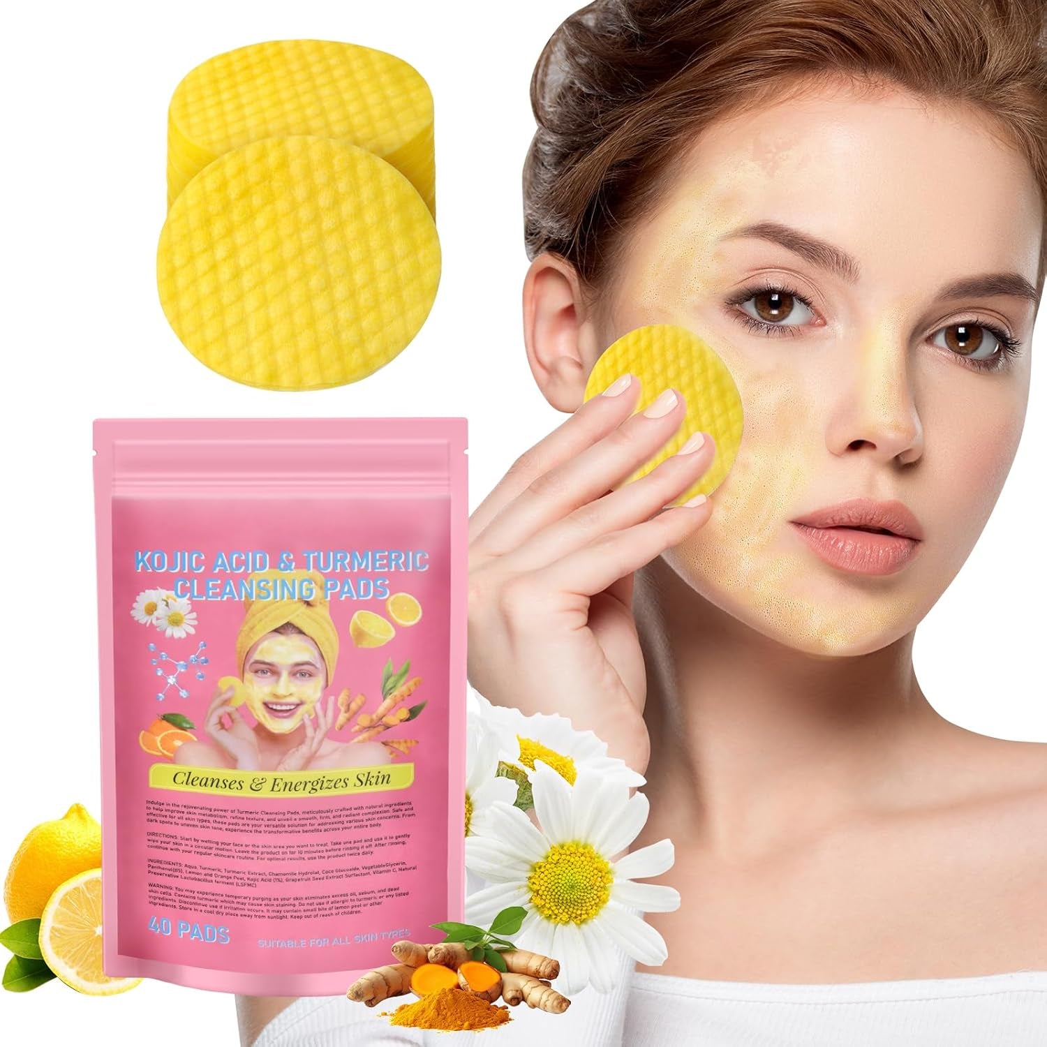 Tampons Nettoyants Au Curcuma À L'Acide Kojique, 40Pcs Coussin En Mousse Exfoliante Au Curcuma Pour Visage Et Le Corps, Nettoyage Et L'Exfoliation Éclatant Peau Rejuvenates, Unifie Le Teint