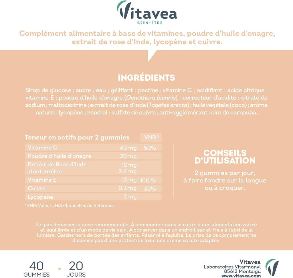 Vitavea - Gummies Solaire Bronz'Intense - Complément Alimentaire Bronzage - Prépare, Active, Prolonge - Teint Hâlé, Effet Bonne Mine - Onagre, Cuivre, Rose D'Inde, Vitamines C & E - 40 Gummies - Vegan