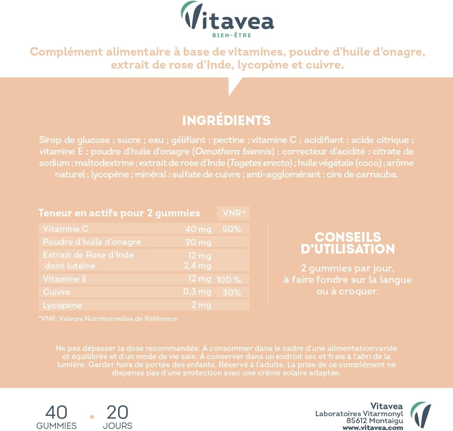 Vitavea - Gummies Solaire Bronz'Intense - Complément Alimentaire Bronzage - Prépare, Active, Prolonge - Teint Hâlé, Effet Bonne Mine - Onagre, Cuivre, Rose D'Inde, Vitamines C & E - 40 Gummies - Vegan