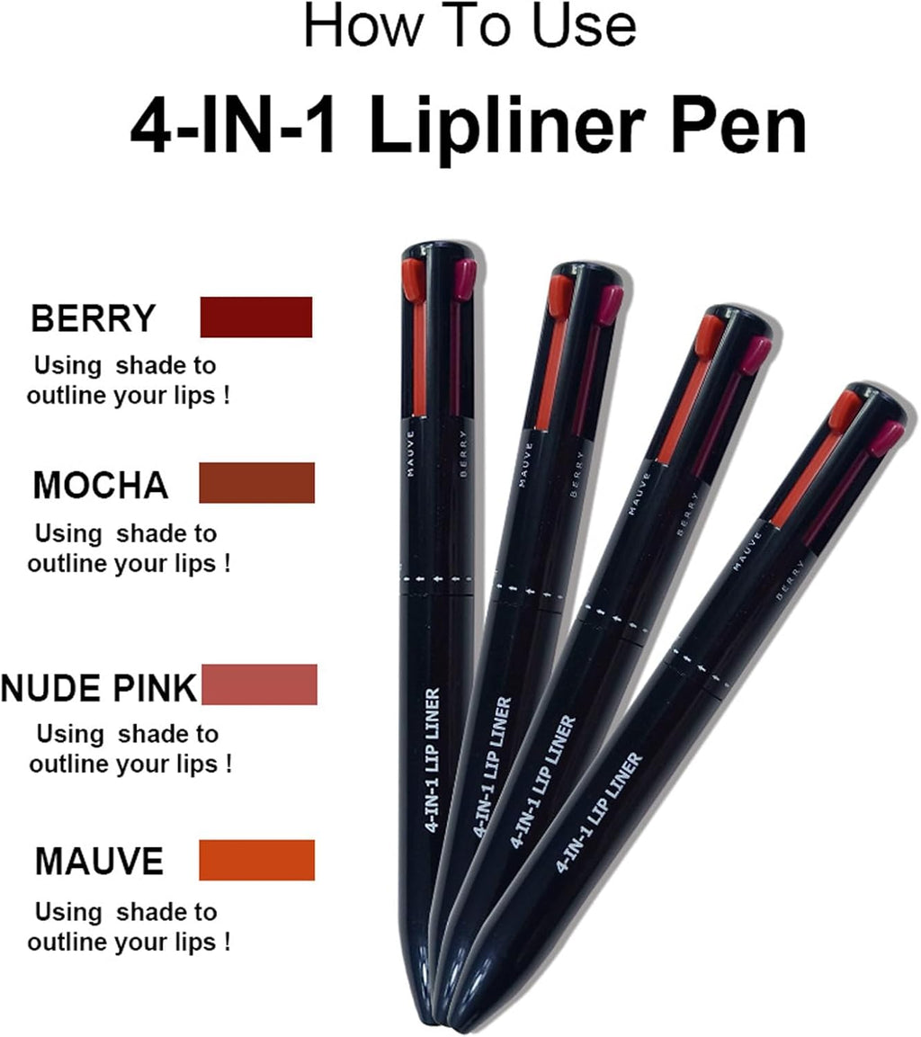Crayon À Lèvres Imperméable, 4 in 1 Makeup Pen, Crayon Maquillage 4 En 1, Lip Liner Makeup Pen Crayon À Lèvres Pressé Pour Une Ligne Lèvres Claire, Pour Créer Un Maquillage Long-Lasting